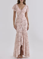 Romantic Pastoral Printed Dress V neck Irregular Asymmetric Slim Fit Dress TinkleBell