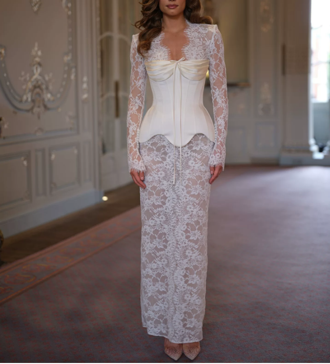 Elegance Dress Dress Long-Sleeved Lace Dress Bandage Waist Tube Top Two Piece Sets TinkleBell