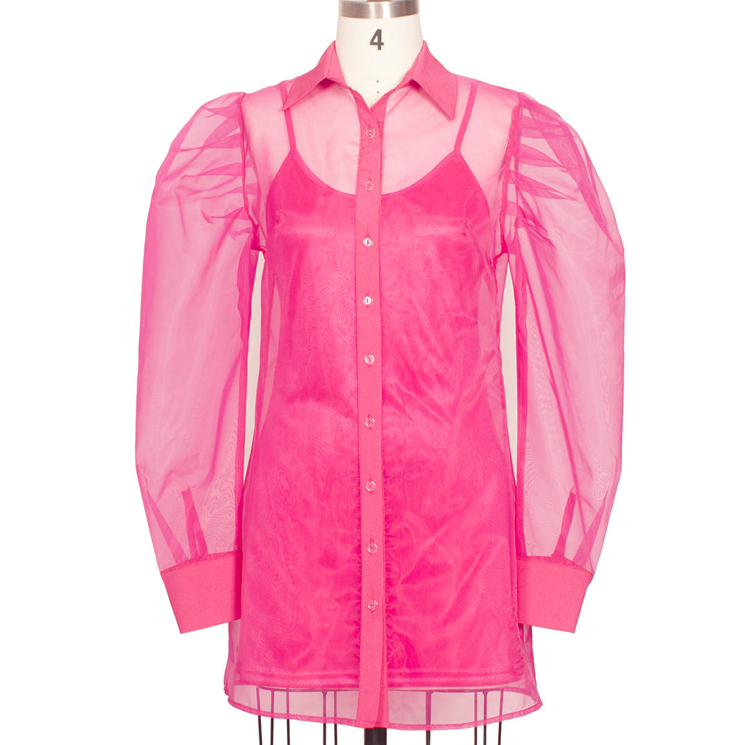 Spring Summer Women Clothing Puff Sleeve Top Long Sleeve Organza Cardigan Dress plus Size Suit for Women YIULI