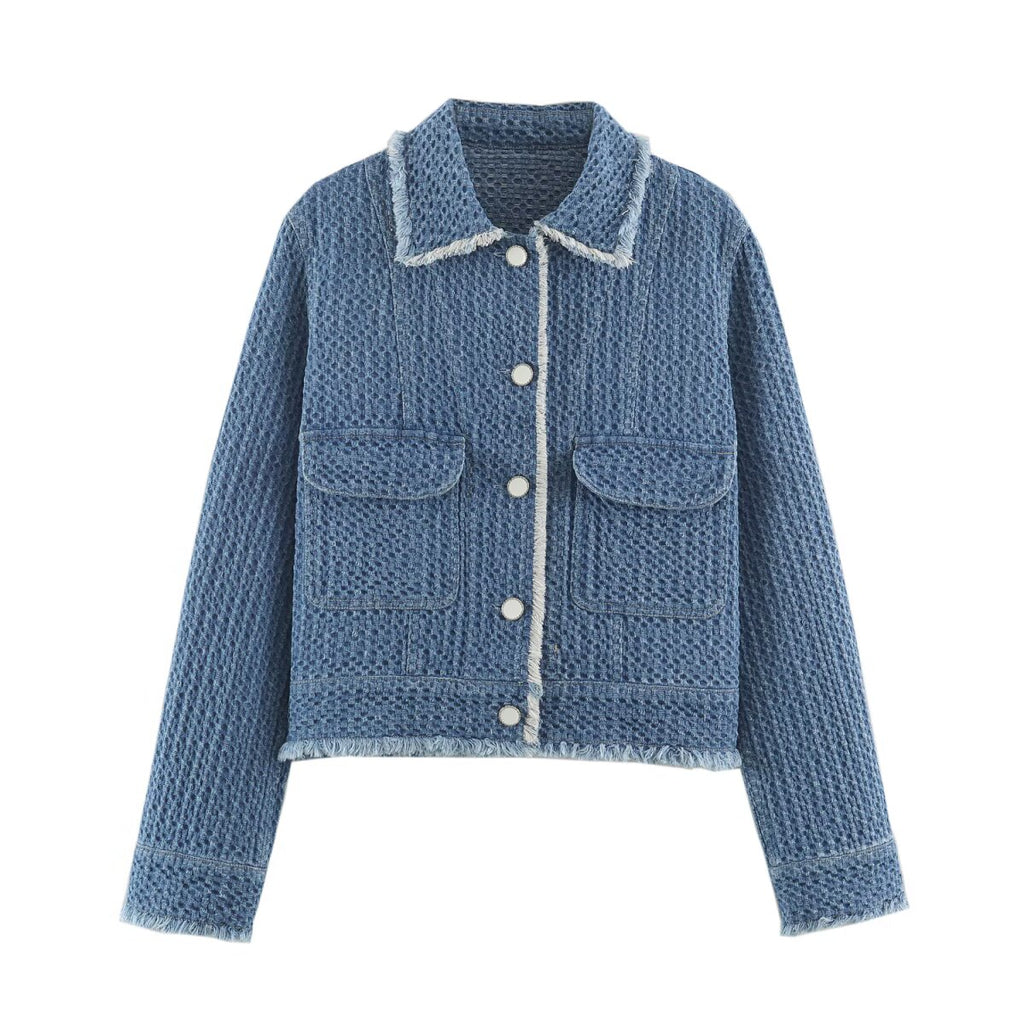 Autumn Women Polo Collar Frayed Hem Denim Jacket SenDa