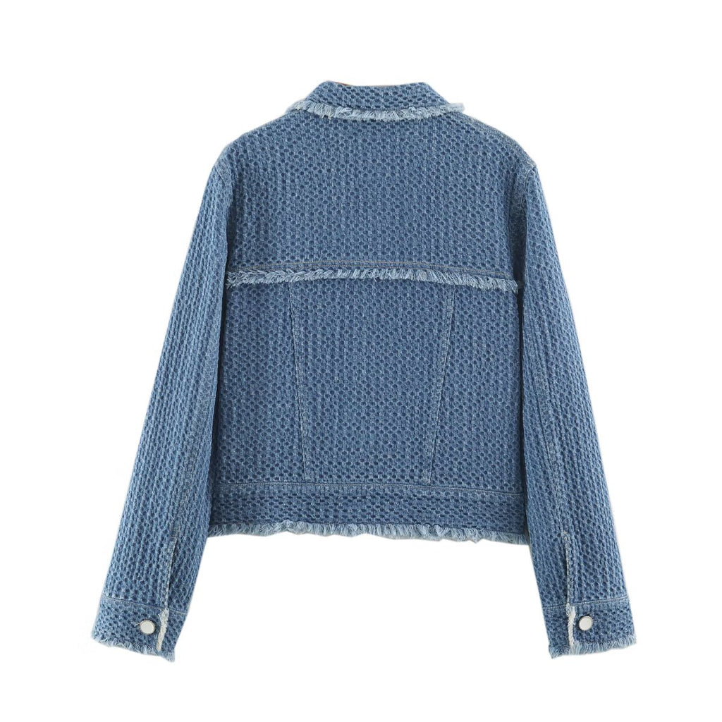 Autumn Women Polo Collar Frayed Hem Denim Jacket SenDa