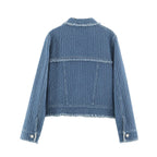 Autumn Women Polo Collar Frayed Hem Denim Jacket SenDa