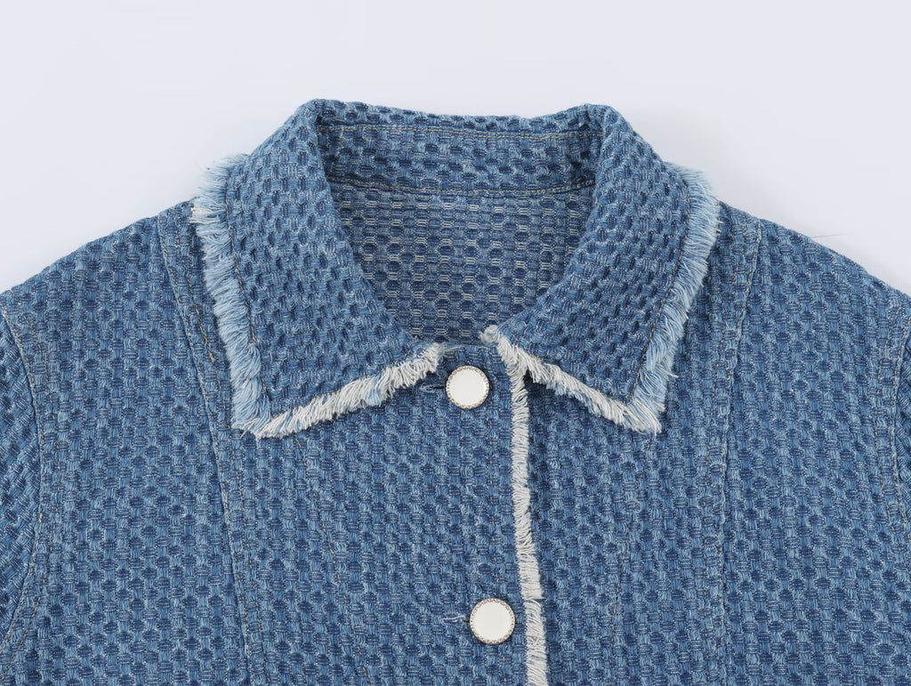 Autumn Women Polo Collar Frayed Hem Denim Jacket SenDa