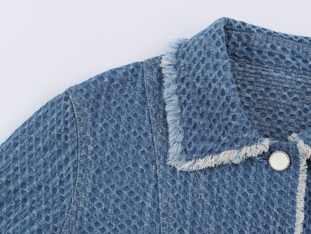 Autumn Women Polo Collar Frayed Hem Denim Jacket SenDa