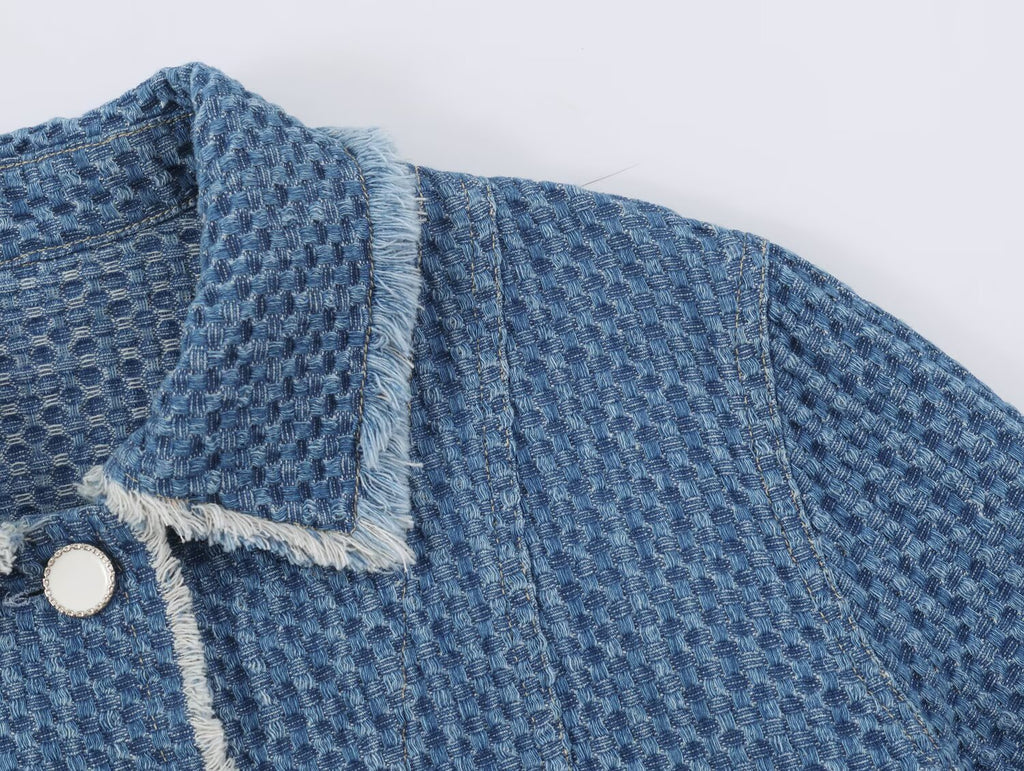 Autumn Women Polo Collar Frayed Hem Denim Jacket SenDa