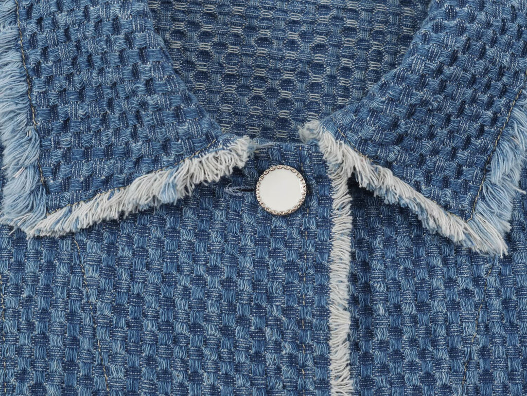 Autumn Women Polo Collar Frayed Hem Denim Jacket SenDa