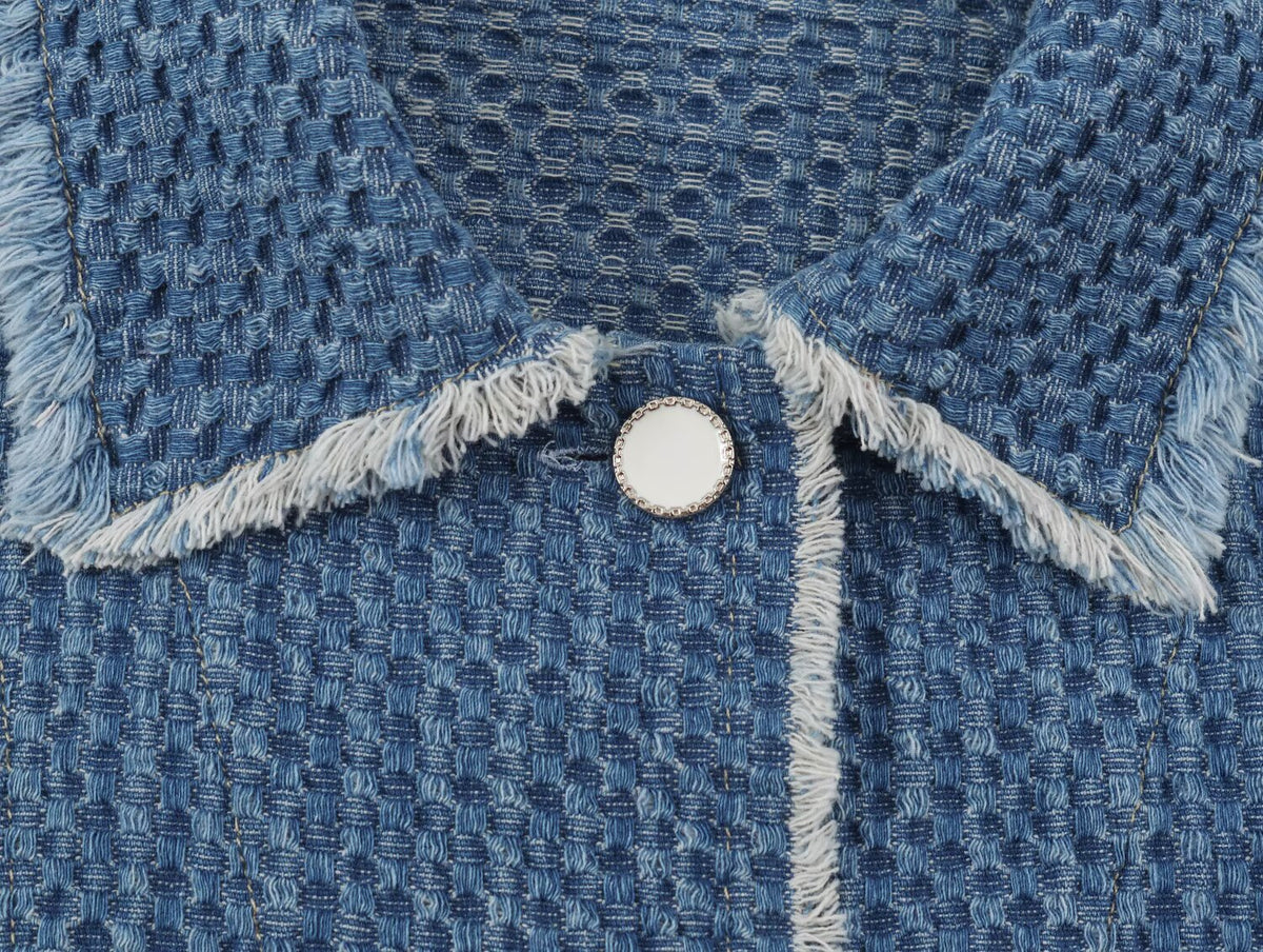 Autumn Women Polo Collar Frayed Hem Denim Jacket SenDa