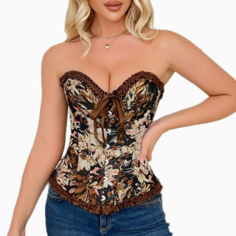 Retro Oil Painting Printing Body Shaping Top Women Front Row Buttons Strapless Belly Contracting Corset HEARTTHROB
