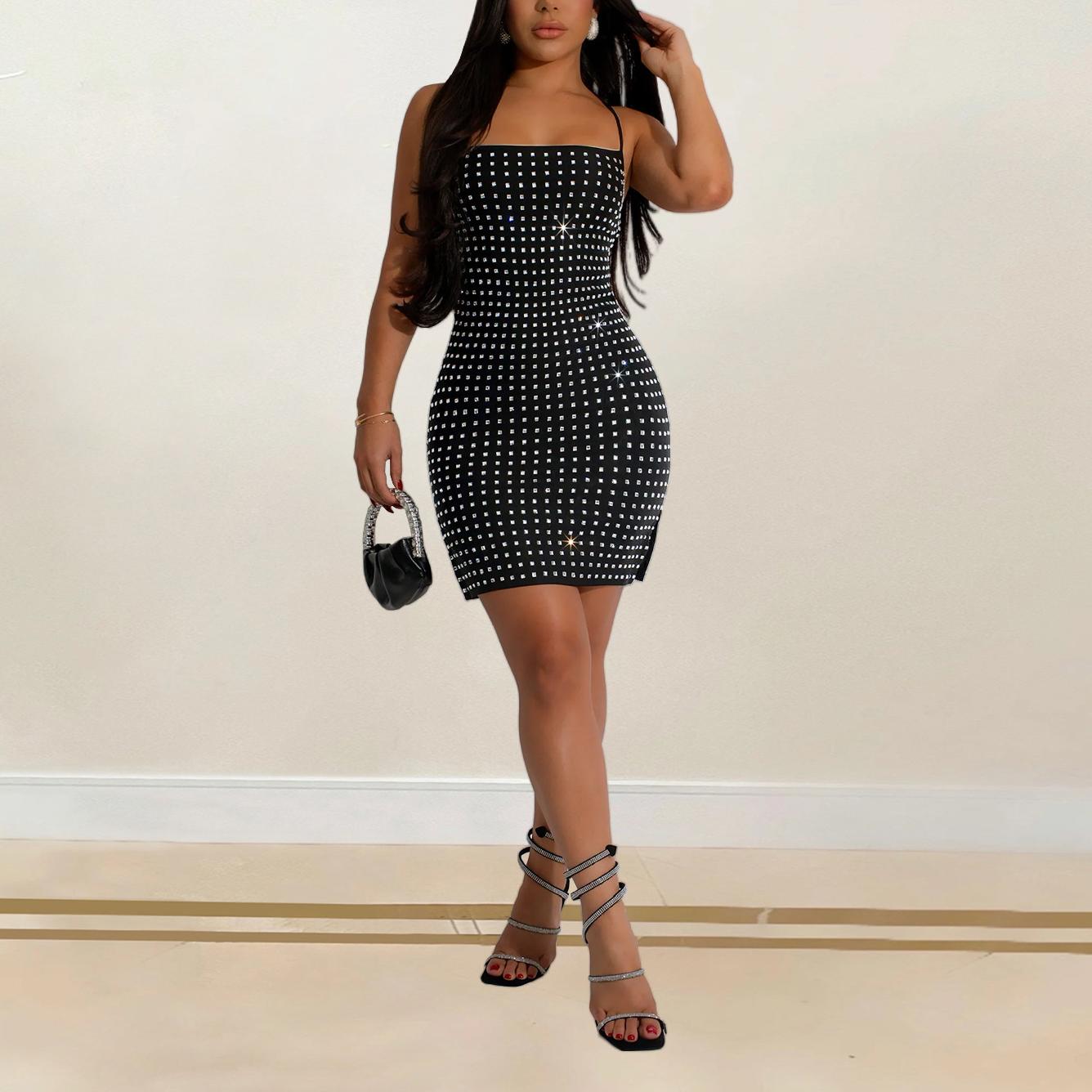 Women Sexy Strap Dress Rhinestone Short Strap Dress Miss Siss