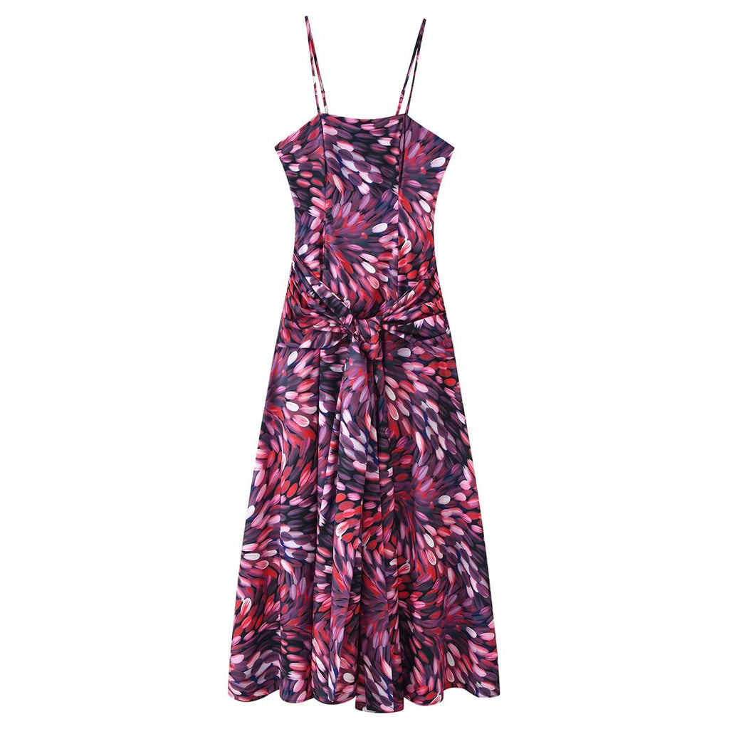 Women Clothing Autumn Sexy Printed Waist Strap Large Swing Dress CHEN