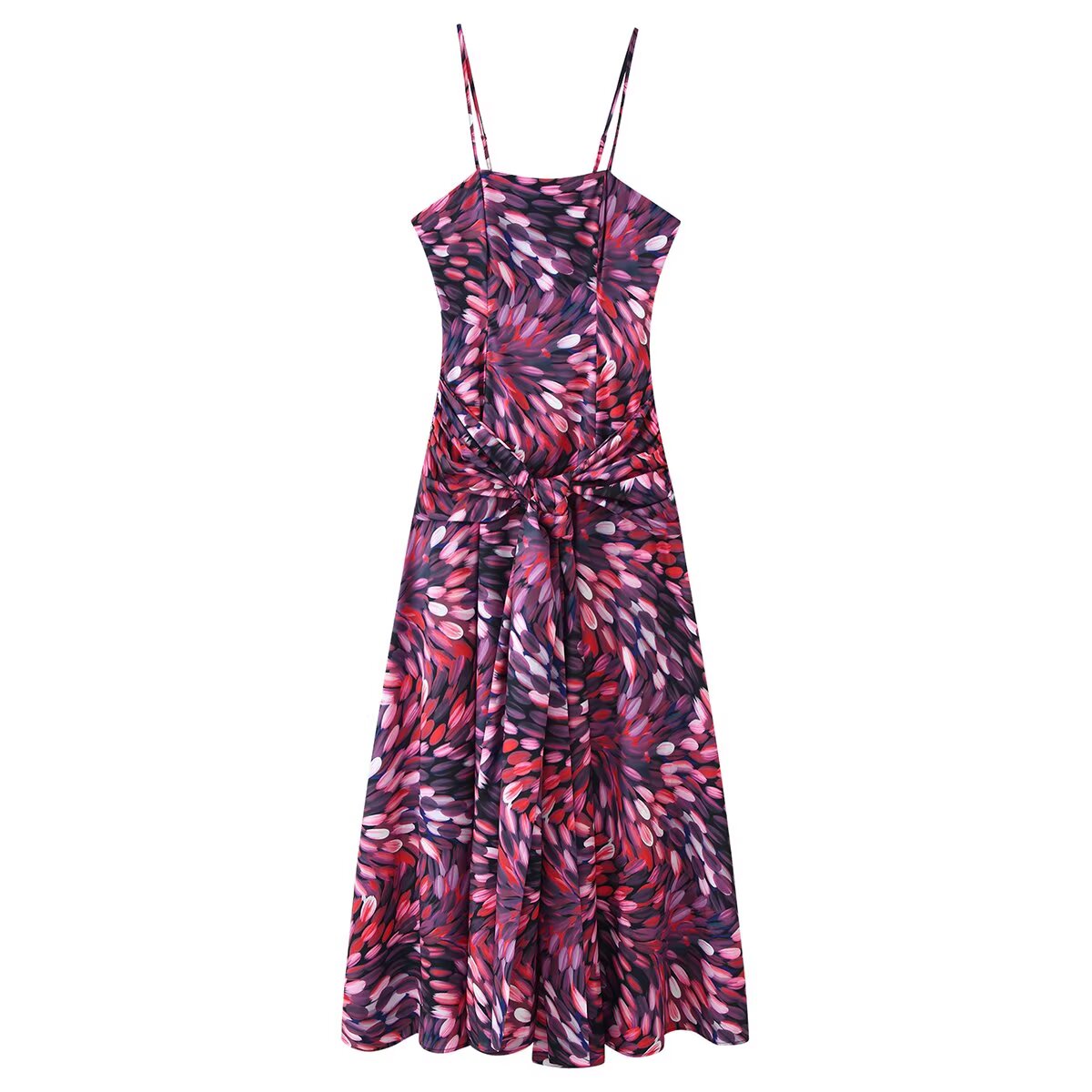 Women Clothing Autumn Sexy Printed Waist Strap Large Swing Dress CHEN
