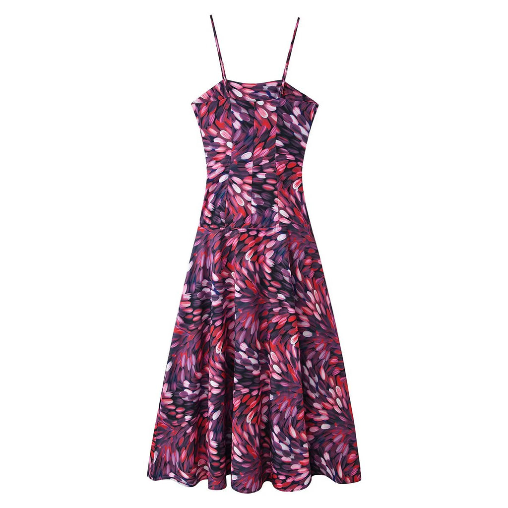 Women Clothing Autumn Sexy Printed Waist Strap Large Swing Dress CHEN