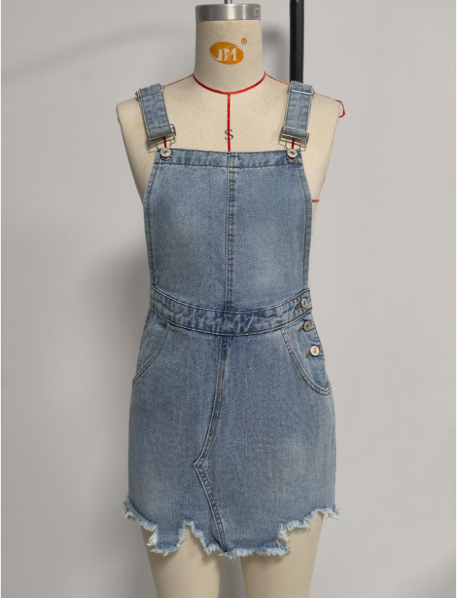 Raw Edge Denim Suspender Skirt Women Irregular Asymmetric Hem A- line Short Skirt Washed Distressed Suspender Skirt Cisco