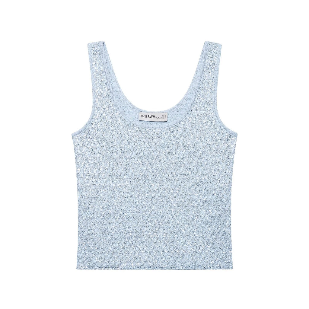 Summer French round Neck Beads Decoration Metal Thread Knitted Vest Outer Wear Top Shell