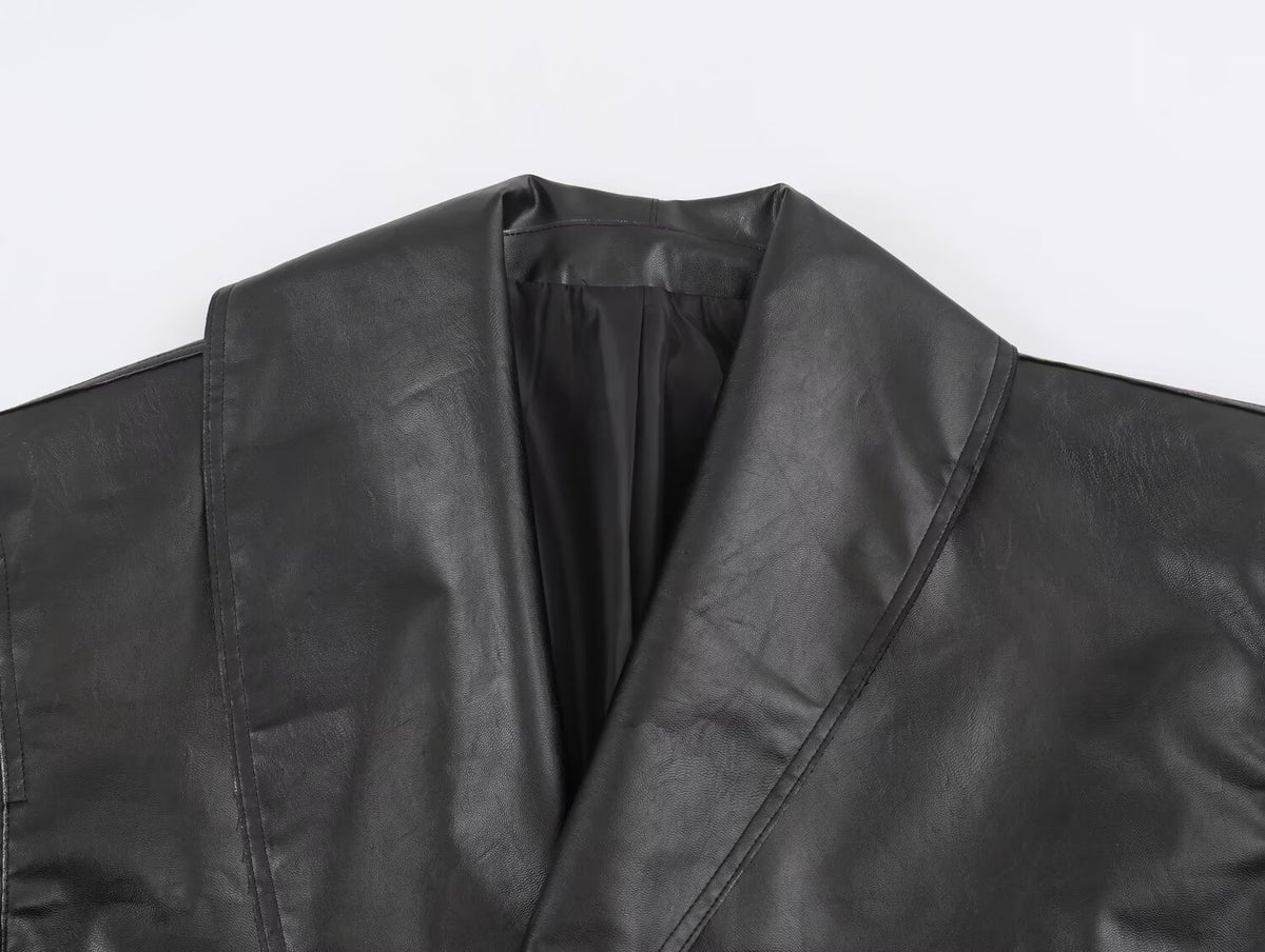 Women Clothing Autumn Winter Casual Long Sleeved Collared Faux Leather Buckle Coat SenDa