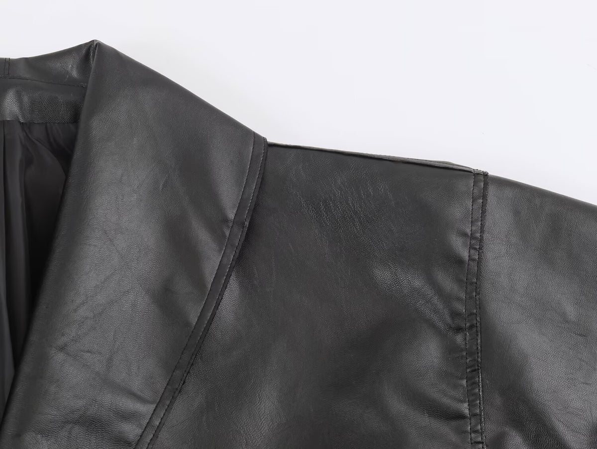 Women Clothing Autumn Winter Casual Long Sleeved Collared Faux Leather Buckle Coat SenDa