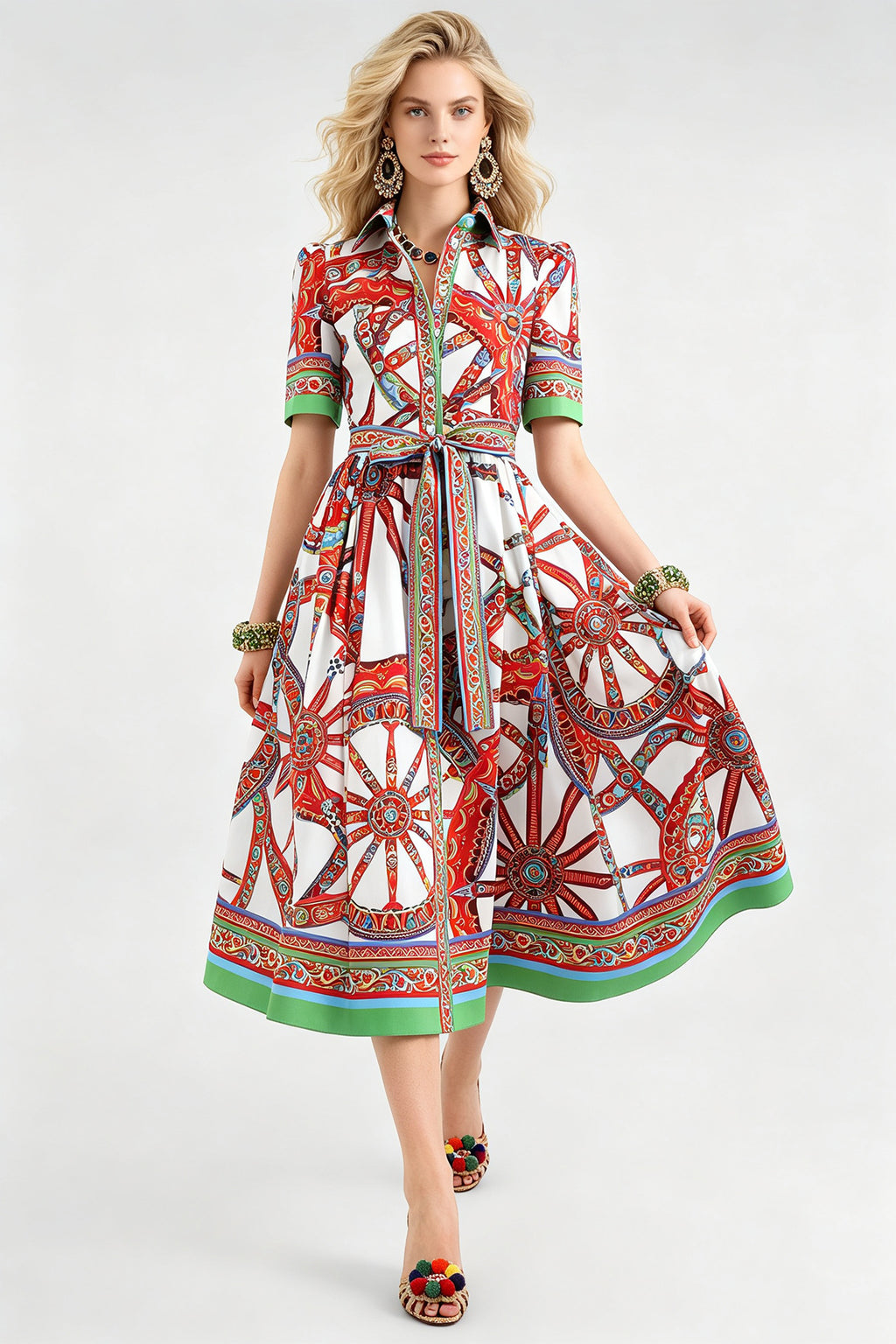 Women Summer Printed Collar Neck Blouse Paired With A Line Dress ESUNG
