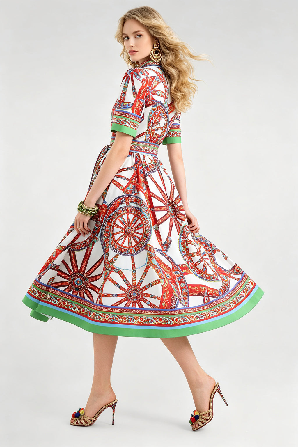Women Summer Printed Collar Neck Blouse Paired With A Line Dress ESUNG