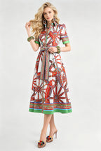 Women Summer Printed Collar Neck Blouse Paired With A Line Dress ESUNG