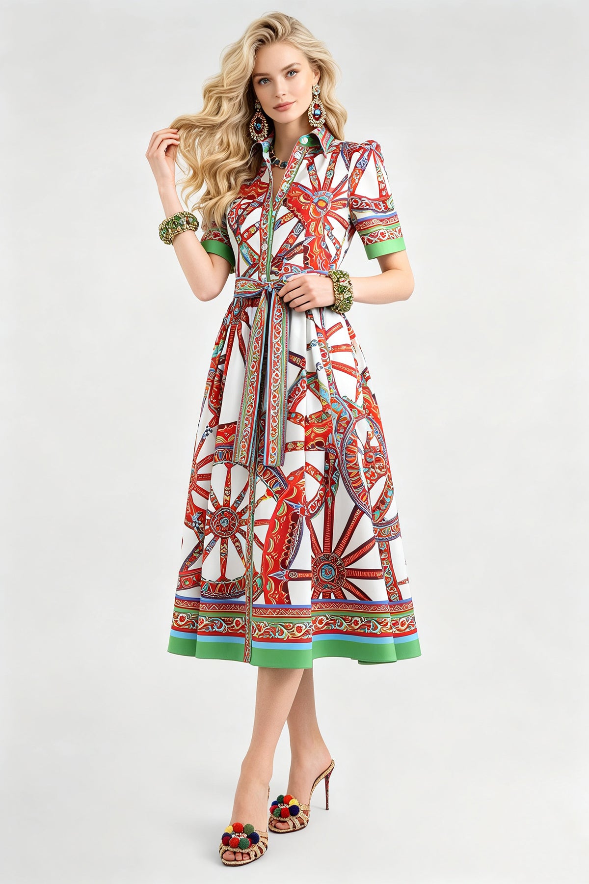 Women Summer Printed Collar Neck Blouse Paired With A Line Dress ESUNG