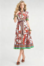 Women Summer Printed Collar Neck Blouse Paired With A Line Dress ESUNG
