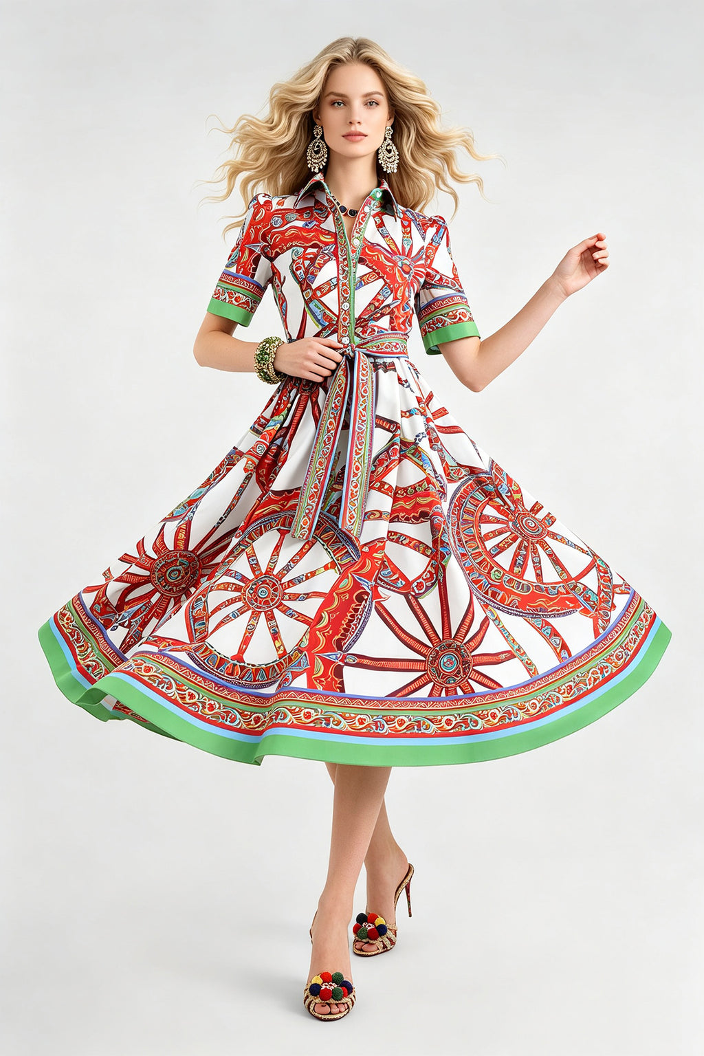 Women Summer Printed Collar Neck Blouse Paired With A Line Dress ESUNG