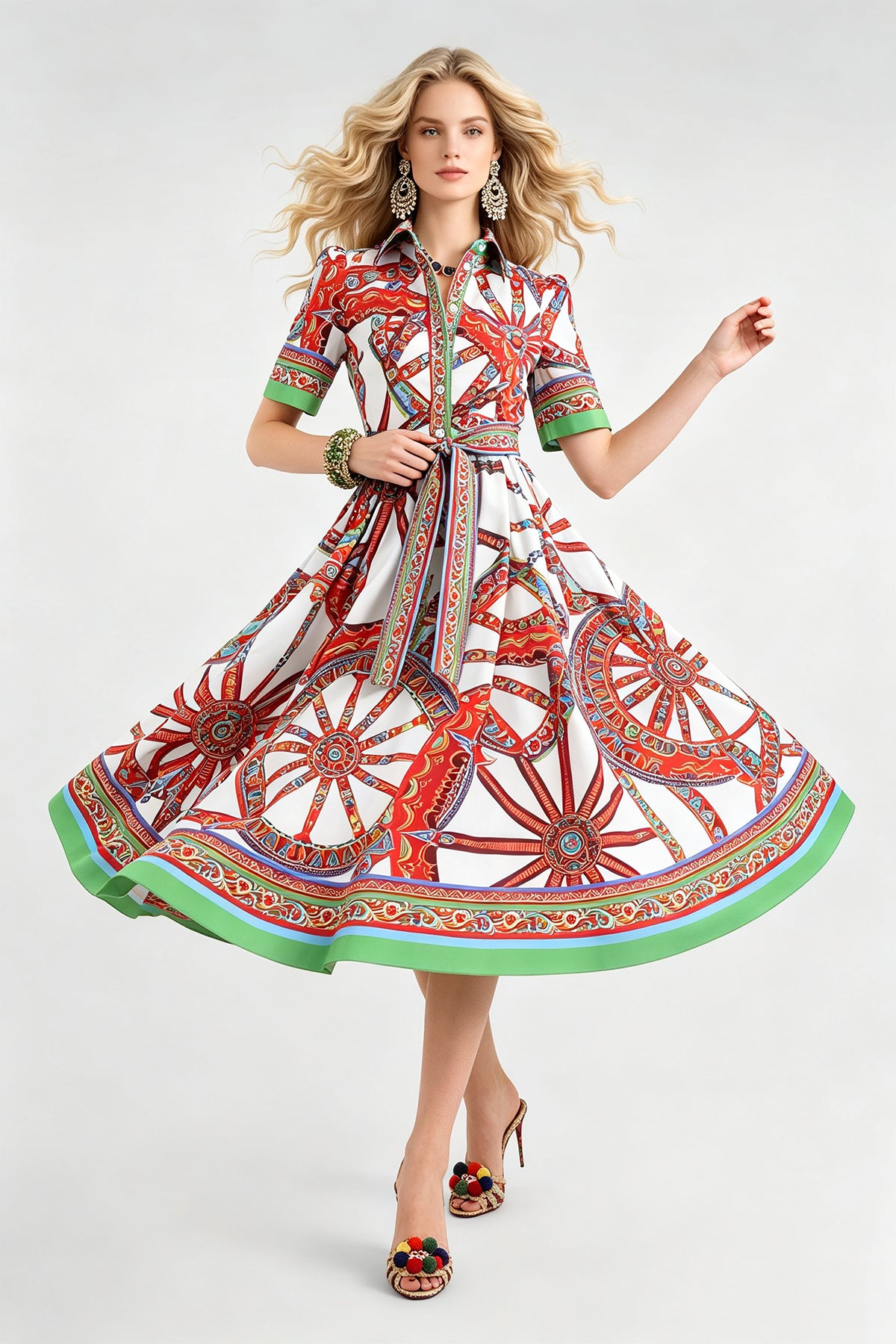 Women Summer Printed Collar Neck Blouse Paired With A Line Dress ESUNG