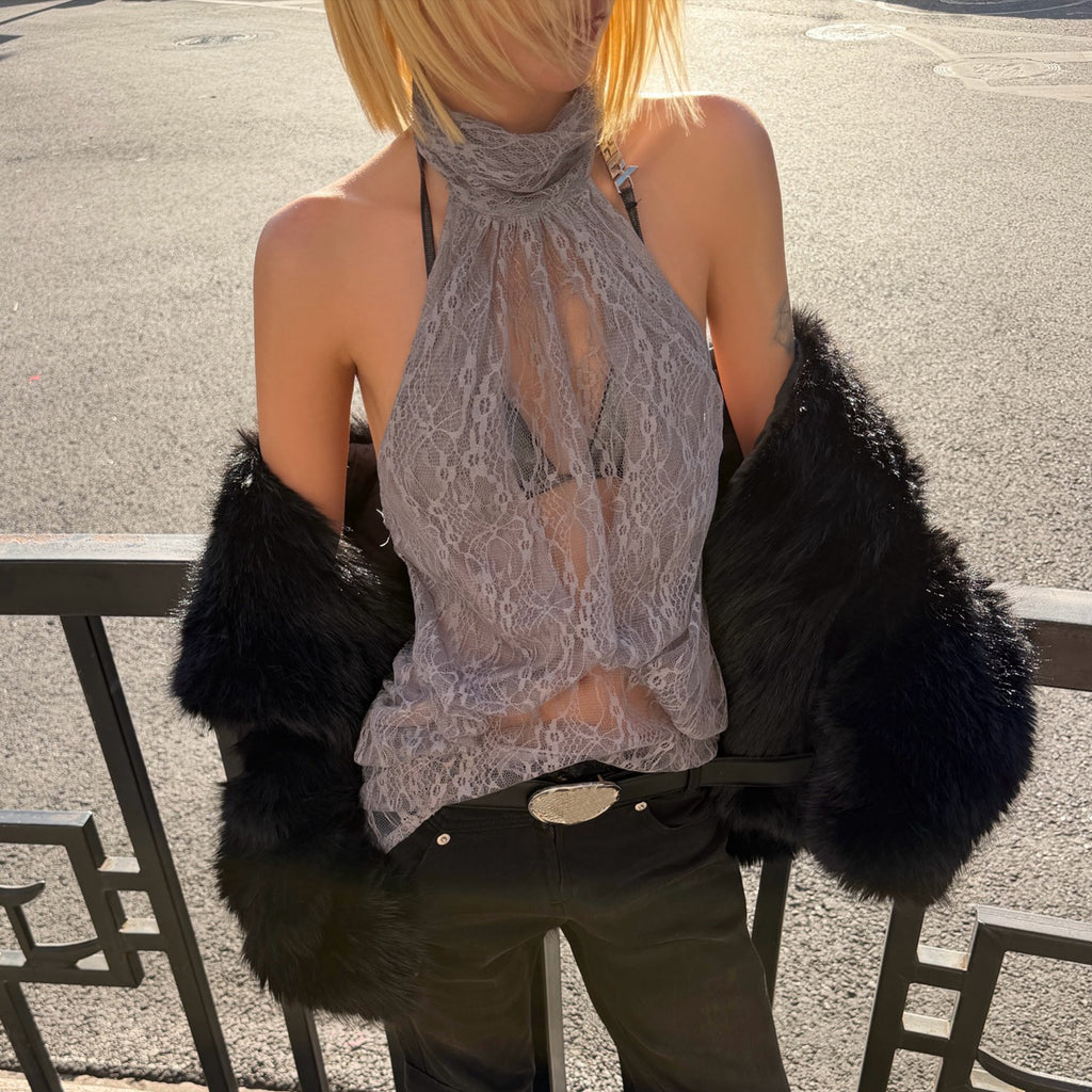 Women Clothing Summer Fashionable Chic High Neck Lace See Through Sleeveless Backless Irregular Asymmetric Top Burgatti
