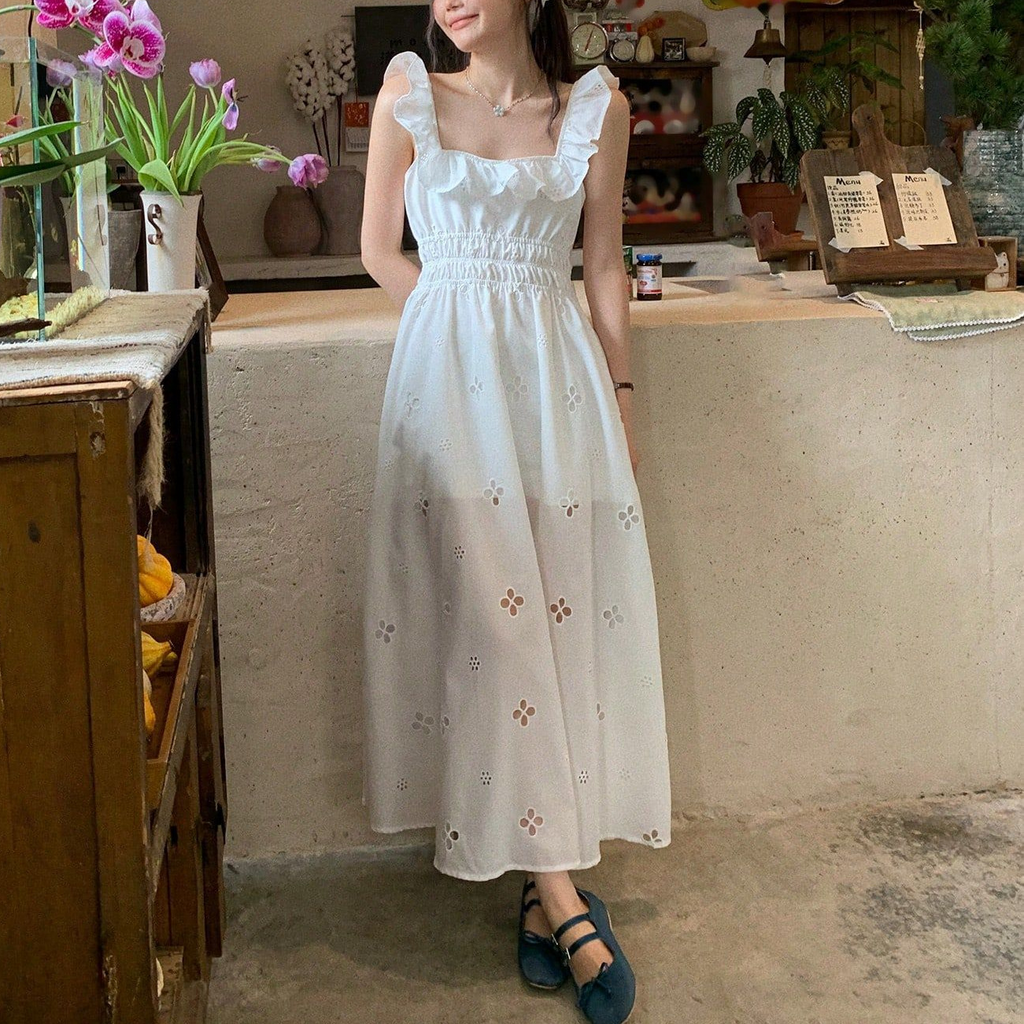 Korean Light Luxury Slim Fit Sweet Design White Dress Waist Slimming Elegant Ruffled Cami Dress EverBillion