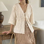 Women V Neck Short Sleeve Lightweight Loose Fitting Slimming Top With Tie Detail Reddy