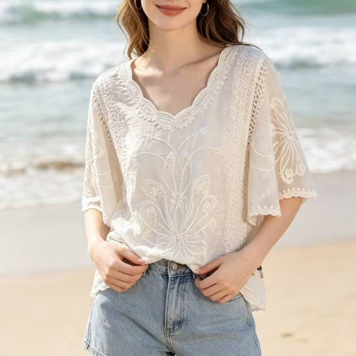 Women Summer Jacquard Embroidery Summer Lightweight Loose Turtleneck Blouse Reddy