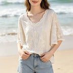 Women Summer Jacquard Embroidery Summer Lightweight Loose Turtleneck Blouse Reddy