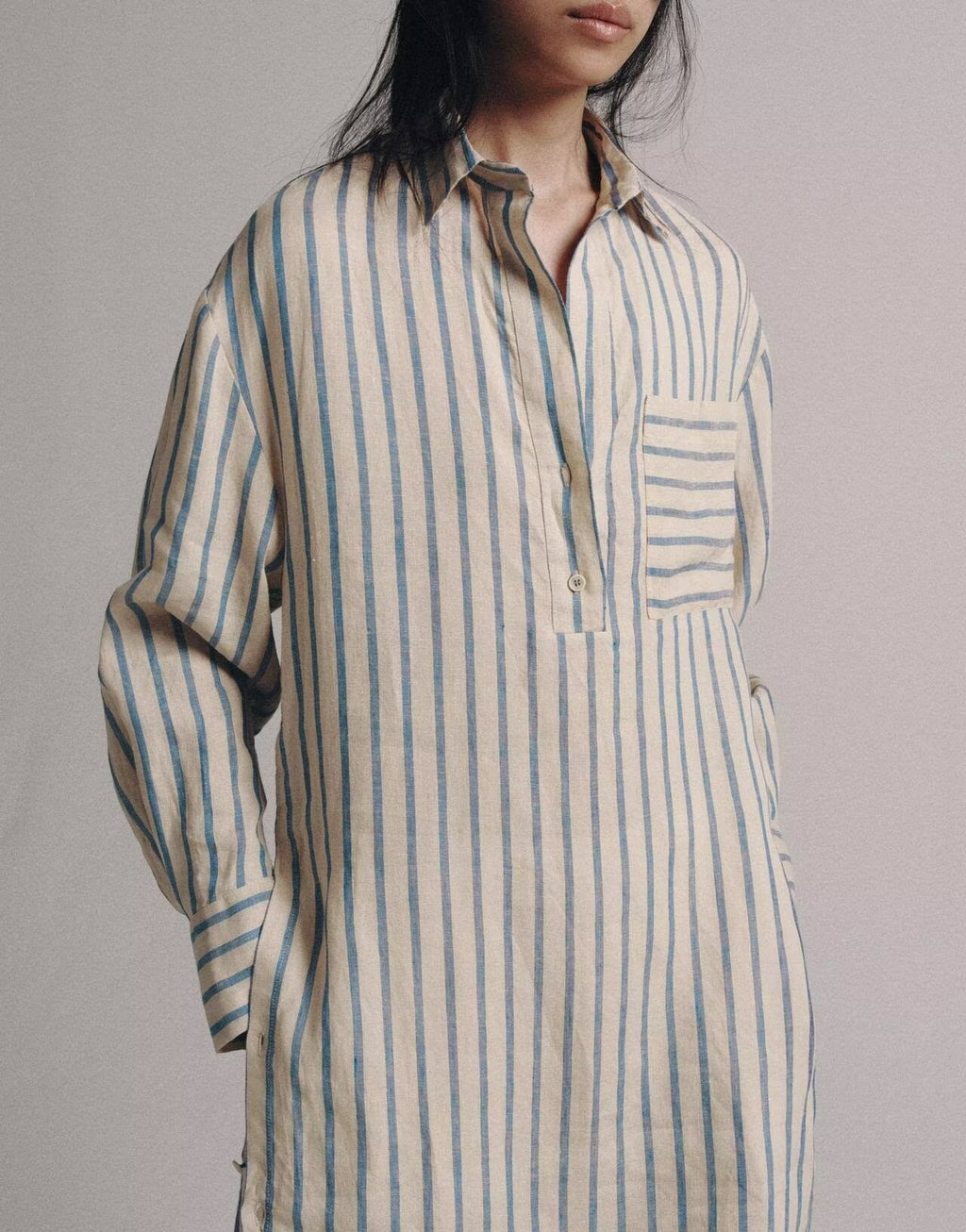 Women Clothing Summer Linen Striped Shirt Long Sleeve Dress Shell