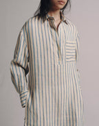 Women Clothing Summer Linen Striped Shirt Long Sleeve Dress Shell