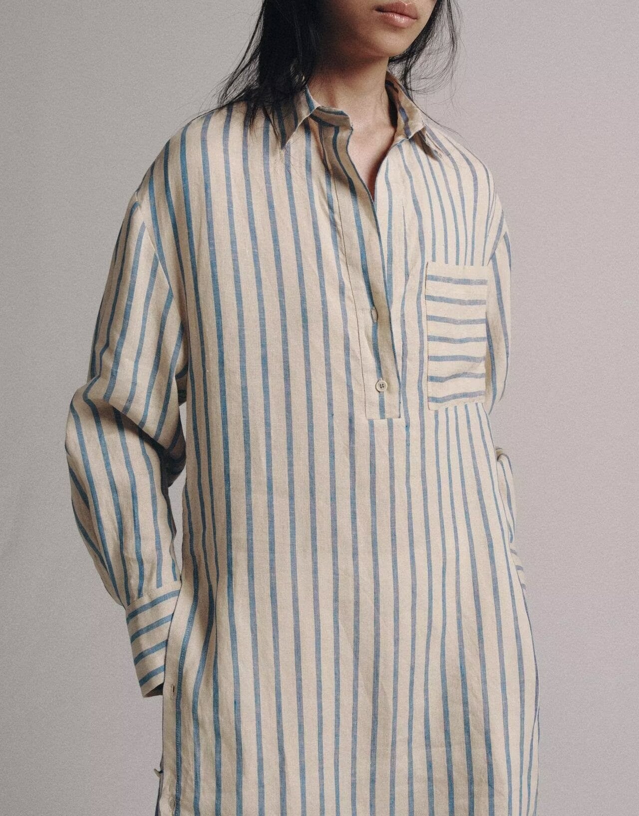 Women Clothing Summer Linen Striped Shirt Long Sleeve Dress Shell