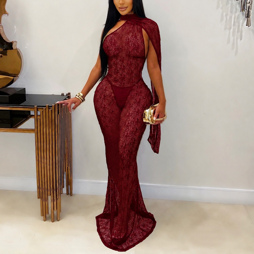 Women Clothing Sexy See through Lace Cappa Fishtail Dress Nightclub Sheath Dress Miss Siss