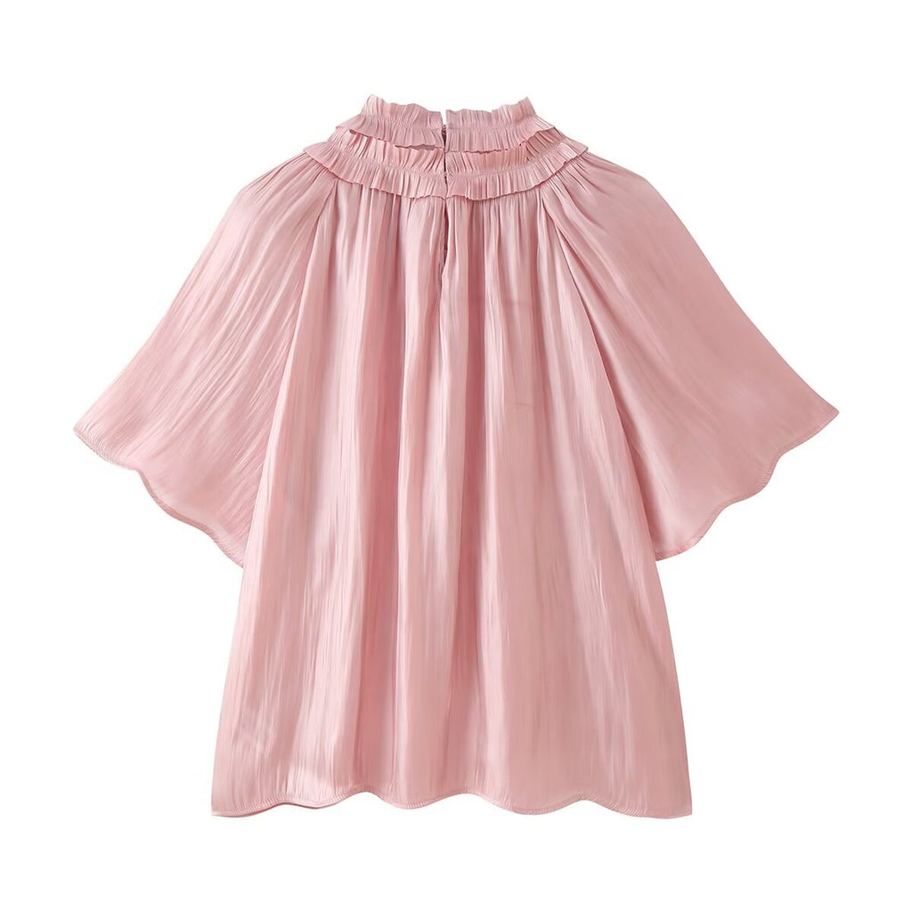 Women Clothing Autumn Gentle Elegant Bright Effect Short Sleeve Shirt CHEN
