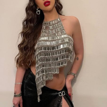 Sequined Shining Multi-Layer Heavy Industry Bra Handmade Beaded Metal Tassels Party Acrylic Top Hadid