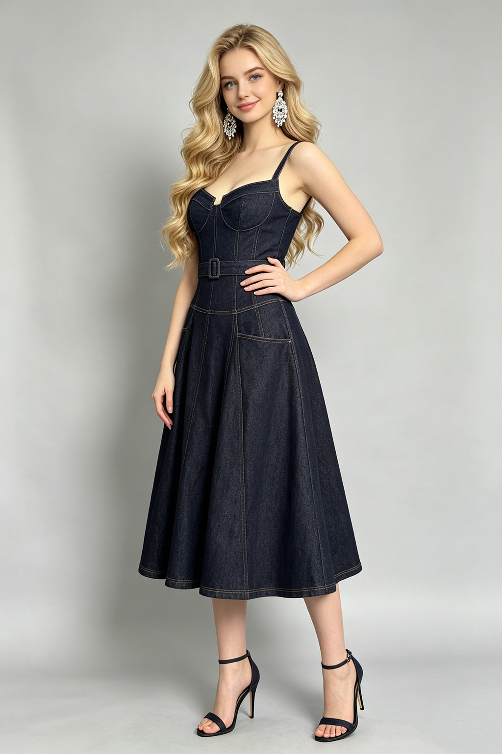 Women Summer Halter Top Dress Sleeveless Denim Dress ESUNG