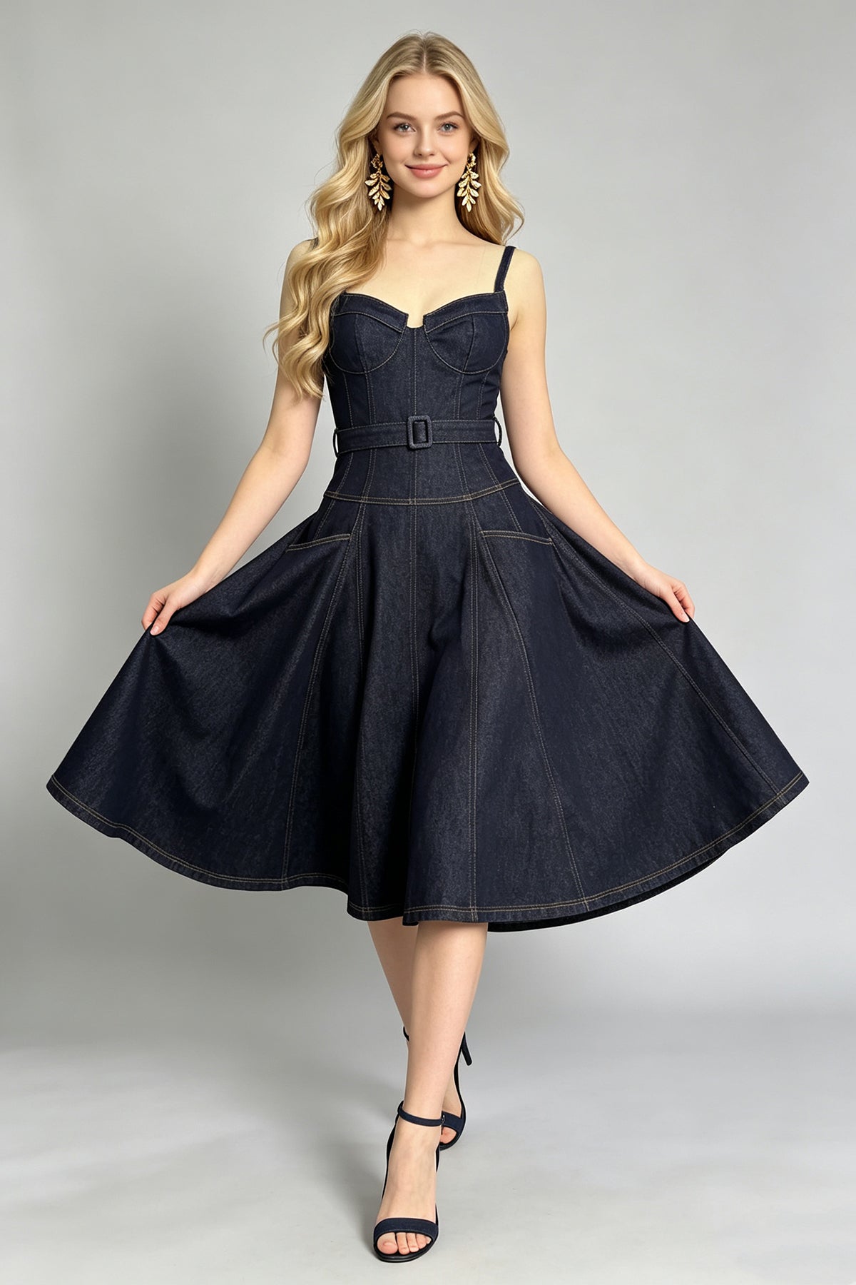 Women Summer Halter Top Dress Sleeveless Denim Dress ESUNG