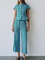 Summer Autumn Women Striped String Button Top Wide Leg Pants Set Goyo