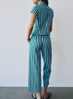Summer Autumn Women Striped String Button Top Wide Leg Pants Set Goyo