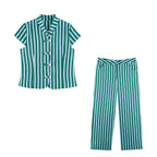 Summer Autumn Women Striped String Button Top Wide Leg Pants Set Goyo