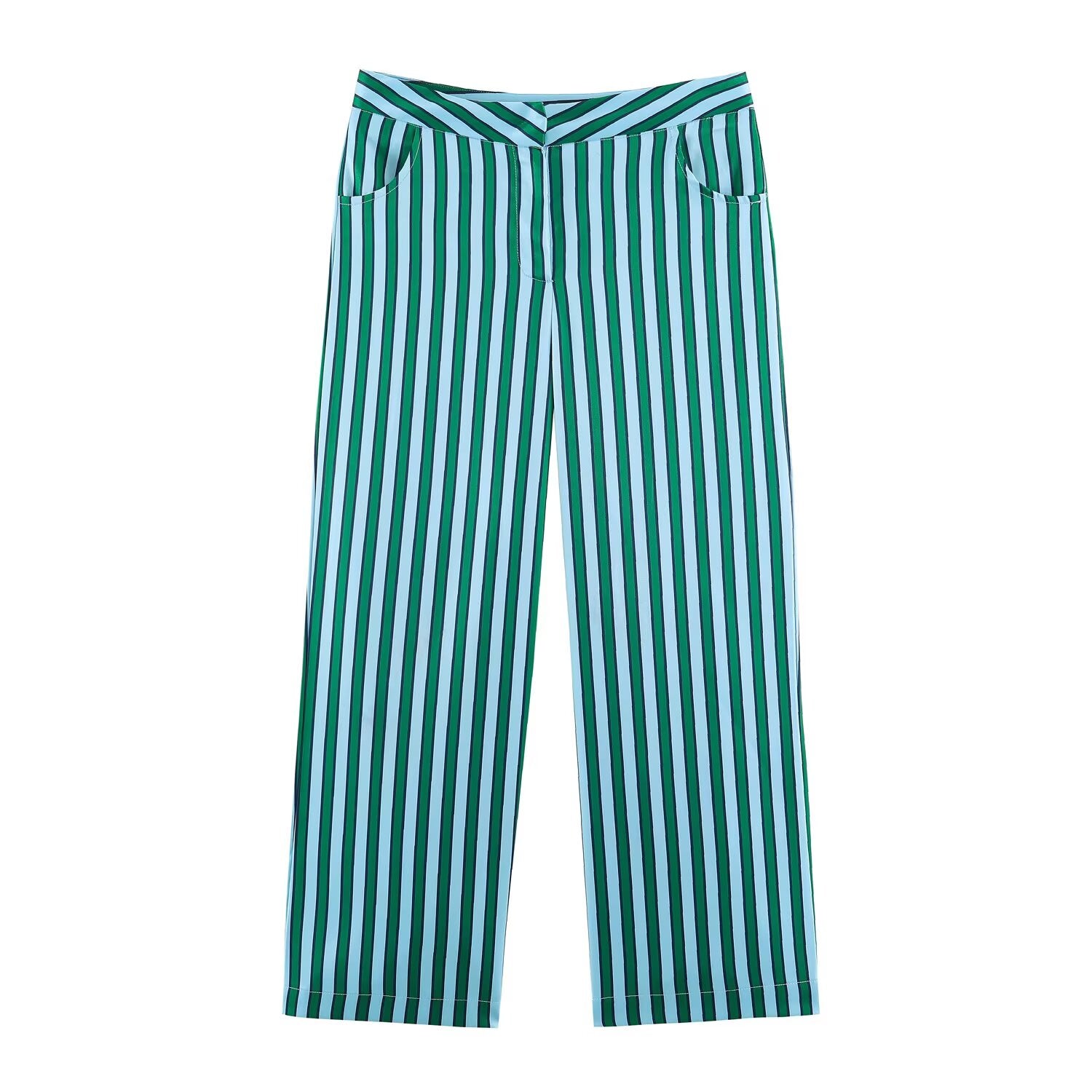 Summer Autumn Women Striped String Button Top Wide Leg Pants Set Goyo