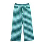 Summer Autumn Women Striped String Button Top Wide Leg Pants Set Goyo