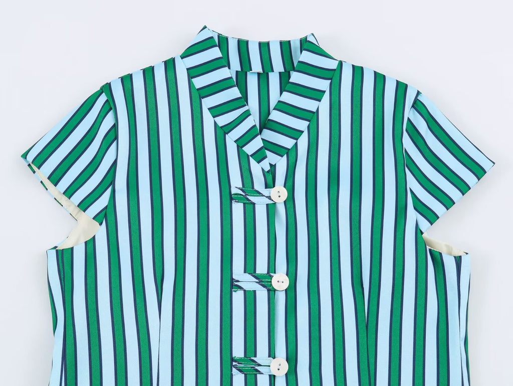 Summer Autumn Women Striped String Button Top Wide Leg Pants Set Goyo
