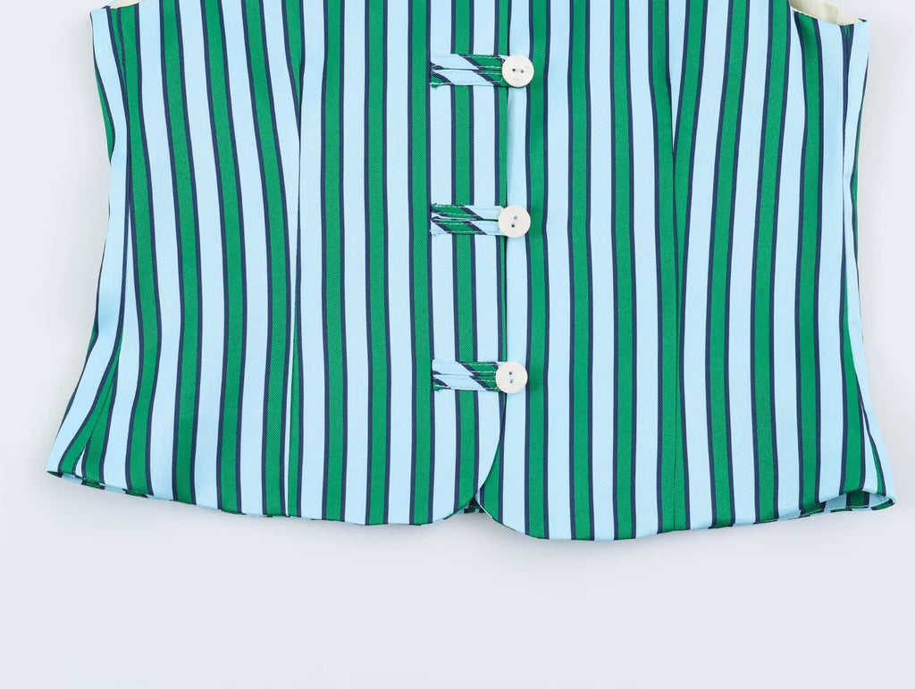Summer Autumn Women Striped String Button Top Wide Leg Pants Set Goyo