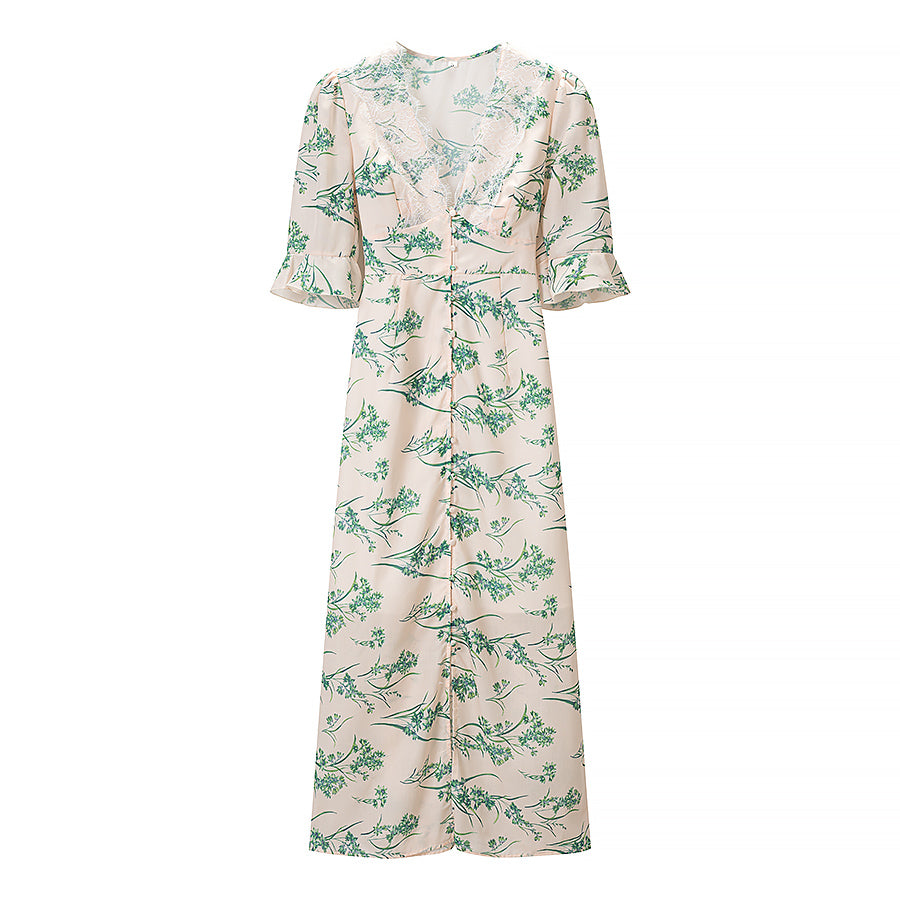 Women Clothing Summer Lace Stitching Deep V Plunge neck Slim Dress JiaJia