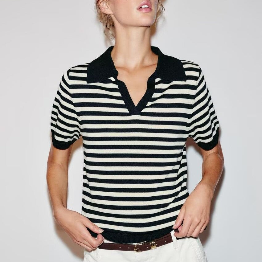 Women Autumn Elegant V neck Striped Short Sleeved Knitting Polo Shirt Top Shell