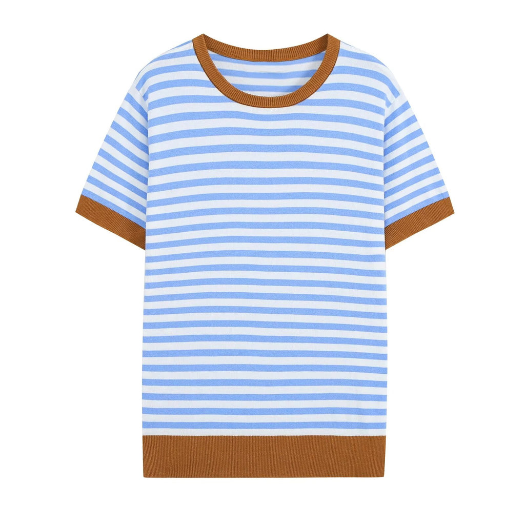 All Match Loose Slimming Contrast Color Striped Short Sleeved Knitwear Autumn Casual Bottoming Top Howe